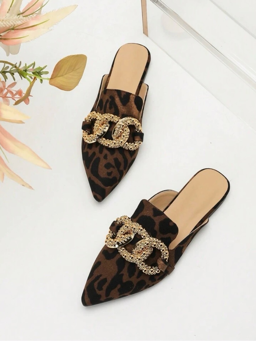 Leopard Print Pointed Toe Slip-On Mules with Gold Chain Accent